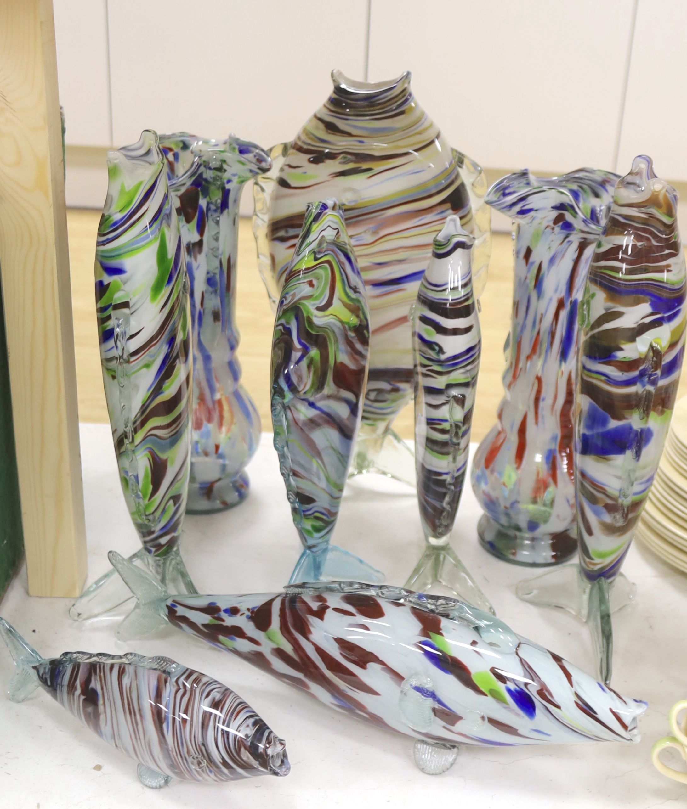 Collection of Murano glass fish and a pair of vases